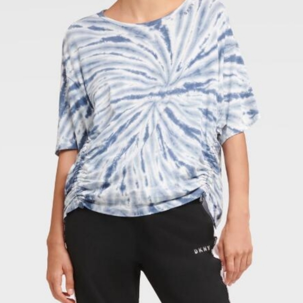 DKNY Tie Dye Denim Blue Top with Drawstring Hem - Picture 10 of 16